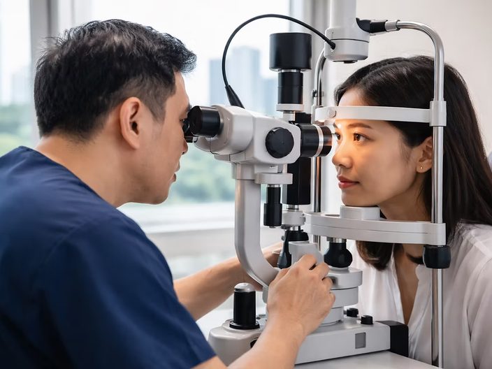 A clinician examining a patient&rsquo;s eye at a slit lamp.