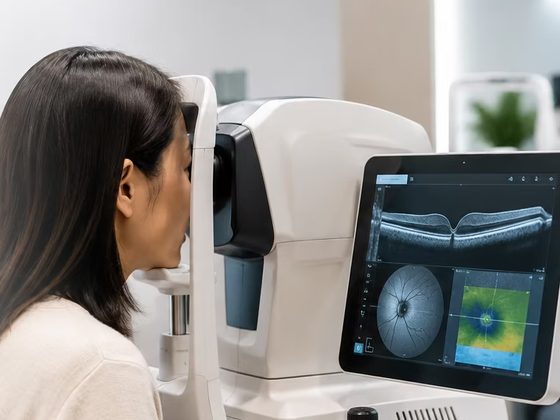 A woman seated at an optical coherence tomography scanner, with a scan of the optic nerve on the screen beside her.
